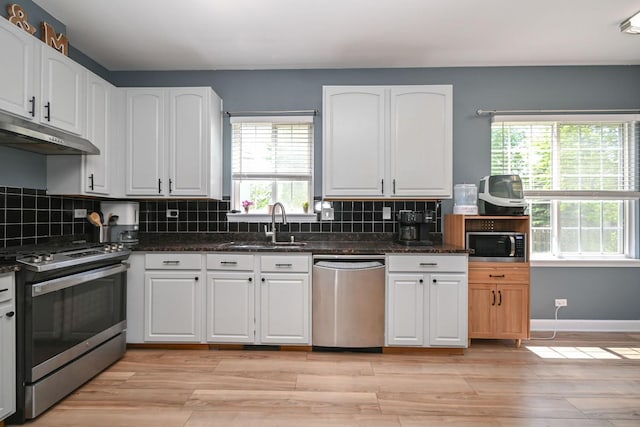 129 W Hampton Ct, Round Lake, IL 60073 - kitchen featuring stainless steel appliances, under cabinet range hood, a sink, and white cabinetry