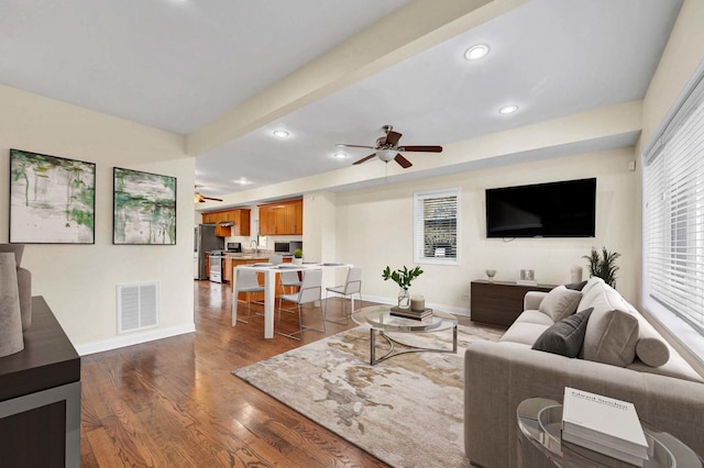 447 W 27th St, Chicago, IL 60616 - living room with a ceiling fan, recessed lighting, baseboards, and dark wood finished floors