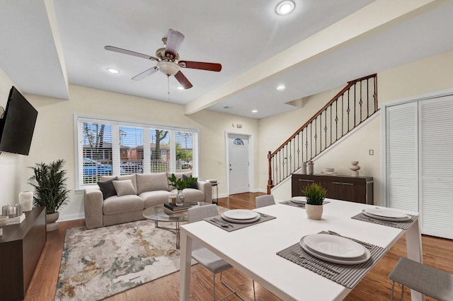 447 W 27th St, Chicago, IL 60616 - living room featuring stairway, ceiling fan, baseboards, recessed lighting, and wood finished floors