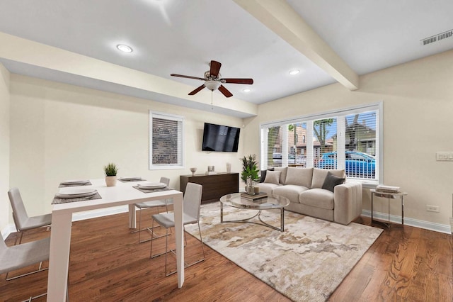 447 W 27th St, Chicago, IL 60616 - living area with a ceiling fan, wood finished floors, baseboards, recessed lighting, and beamed ceiling