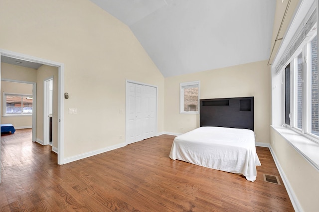 447 W 27th St, Chicago, IL 60616 - bedroom with high vaulted ceiling, wood finished floors, baseboards, and a closet