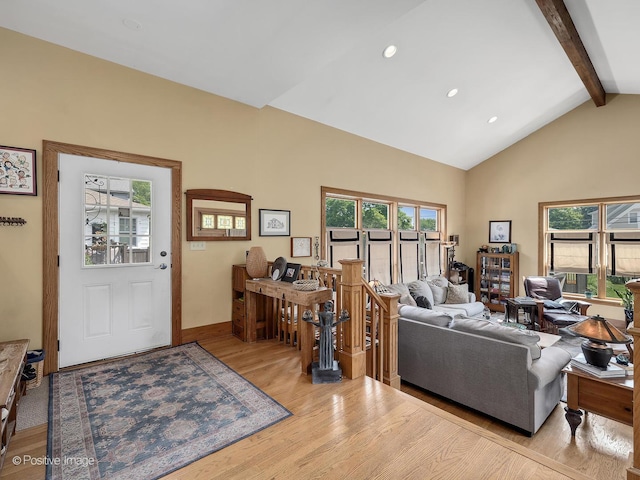 217 S Craig Pl, Lombard, IL 60148 - living area with beam ceiling, wood finished floors, plenty of natural light, recessed lighting, and high vaulted ceiling