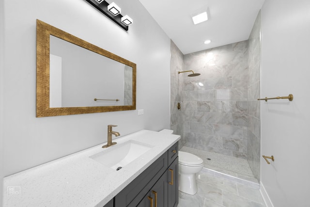 4241 W Walton St, Chicago, IL 60651 - bathroom with toilet, vanity, a tile shower, marble look tile flooring, and recessed lighting