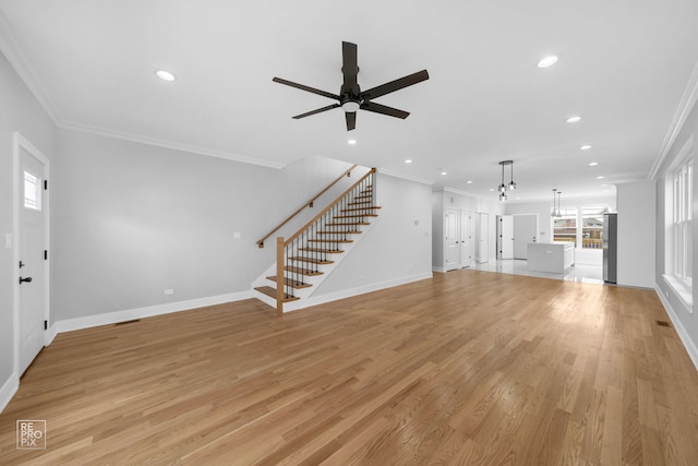 4241 W Walton St, Chicago, IL 60651 - unfurnished living room featuring ornamental molding, stairway, recessed lighting, ceiling fan, and baseboards