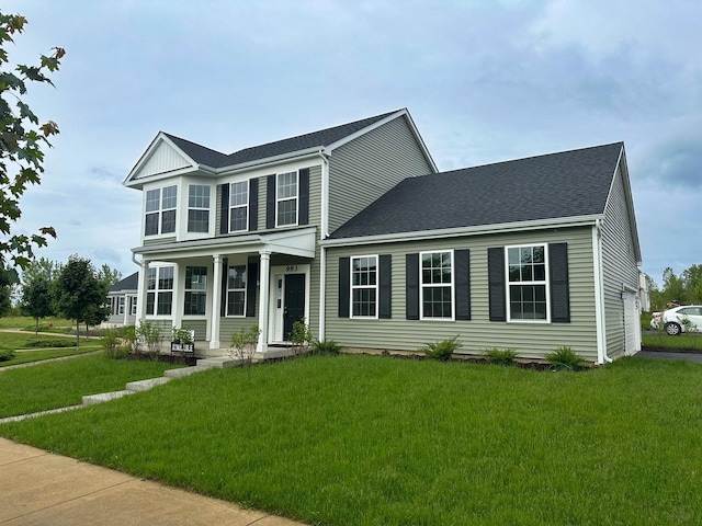 983 Celebration Dr, Aurora, IL 60504 - view of front of house featuring a porch, a front lawn, and a shingled roof