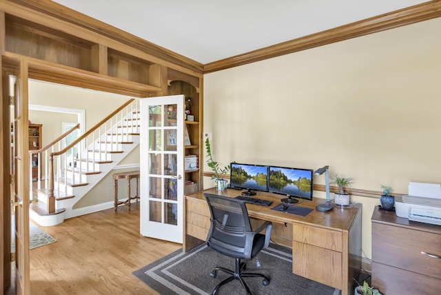 7N310 Ridge Line Rd, Saint Charles, IL 60175 - home office featuring ornamental molding, french doors, light wood-type flooring, and baseboards