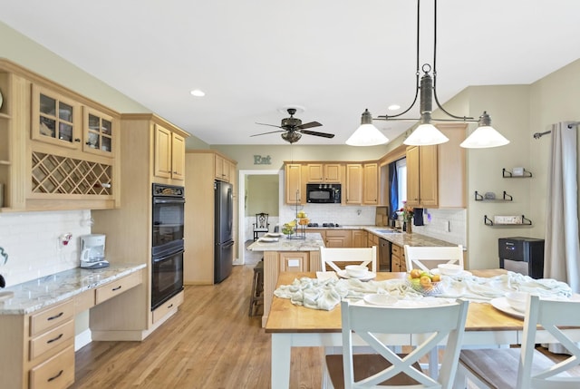 7N310 Ridge Line Rd, Saint Charles, IL 60175 - kitchen with black appliances, light brown cabinets, a sink, tasteful backsplash, and recessed lighting