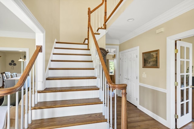7N310 Ridge Line Rd, Saint Charles, IL 60175 - stairs with crown molding, wood finished floors, and baseboards