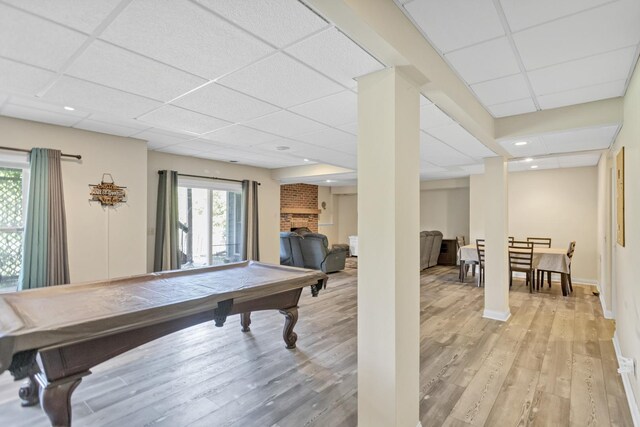 7N310 Ridge Line Rd, Saint Charles, IL 60175 - rec room featuring light wood finished floors, pool table, a paneled ceiling, and a brick fireplace