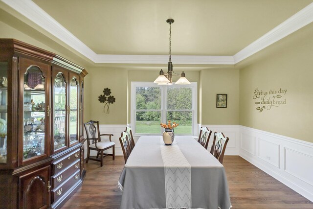 7N310 Ridge Line Rd, Saint Charles, IL 60175 - dining space with a wainscoted wall, crown molding, dark wood-type flooring, a tray ceiling, and a decorative wall