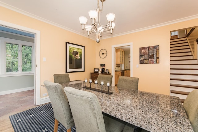 740 Wisner St, Park Ridge, IL 60068 - dining room featuring a chandelier, ornamental molding, stairs, and baseboards