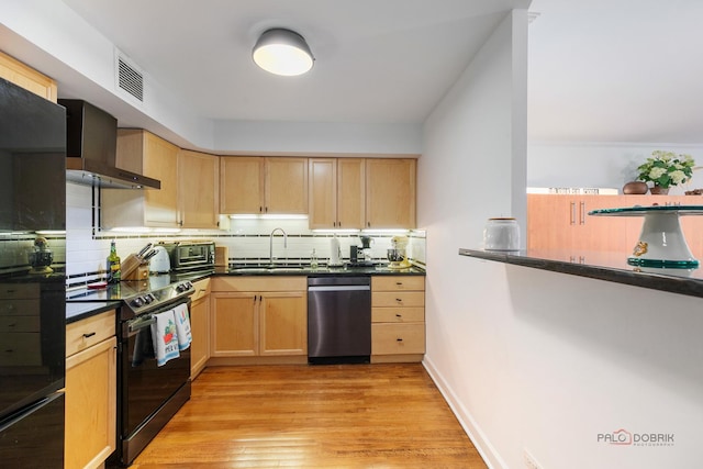 201 E Chestnut St Unit 3C, Chicago, IL 60611 - kitchen featuring stainless steel dishwasher, light brown cabinets, black electric range, a sink, and wall chimney range hood