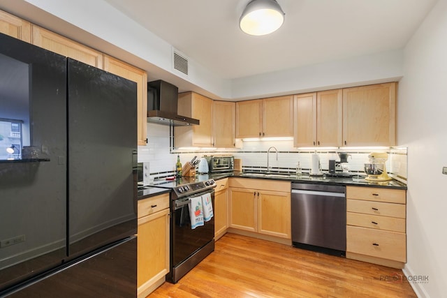201 E Chestnut St Unit 3C, Chicago, IL 60611 - kitchen with stainless steel dishwasher, wall chimney range hood, electric stove, a sink, and light brown cabinetry