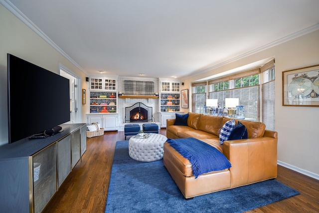 5234 Cedar Ct, Lisle, IL 60532 - living area featuring ornamental molding, a fireplace, dark wood-style flooring, built in features, and baseboards