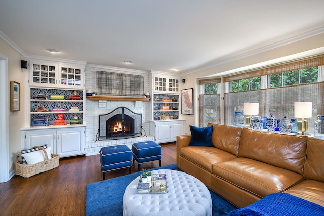 5234 Cedar Ct, Lisle, IL 60532 - living room with crown molding, dark wood-type flooring, and a fireplace