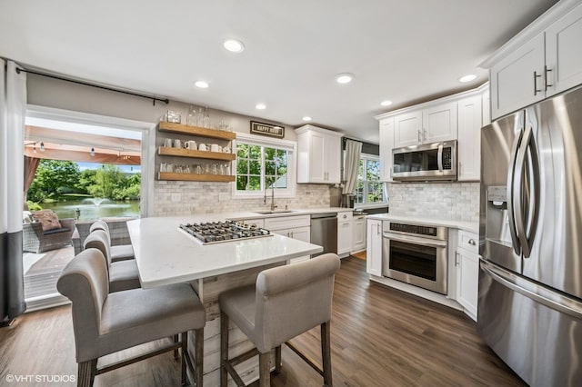 1250 Fernleaf Dr, Crystal Lake, IL 60014 - kitchen with appliances with stainless steel finishes, a sink, a kitchen bar, light countertops, and tasteful backsplash