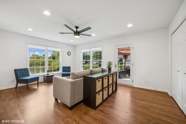 1250 Fernleaf Dr, Crystal Lake, IL 60014 - living room with ceiling fan, wood finished floors, baseboards, and recessed lighting
