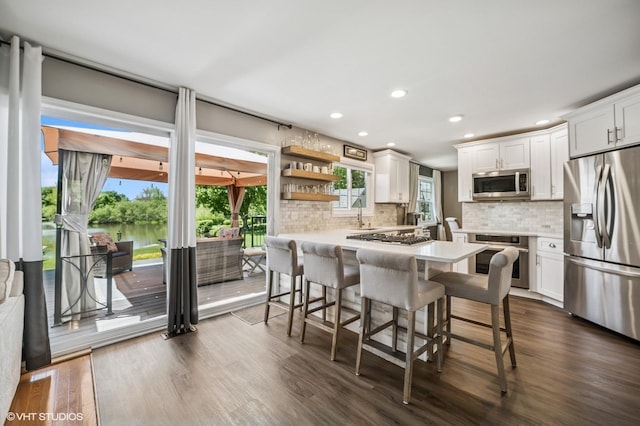 1250 Fernleaf Dr, Crystal Lake, IL 60014 - kitchen featuring stainless steel appliances, a breakfast bar area, light countertops, decorative backsplash, and recessed lighting