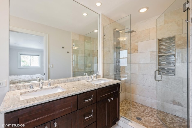 803 Pine St, Deerfield, IL 60015 - ensuite bathroom with a stall shower, double vanity, and recessed lighting
