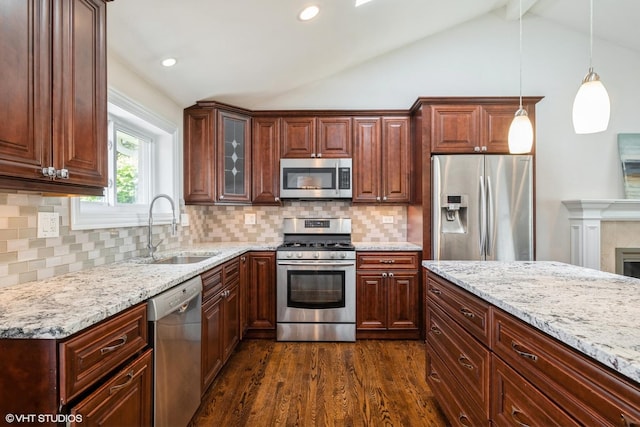 803 Pine St, Deerfield, IL 60015 - kitchen featuring stainless steel appliances, a sink, dark wood-style flooring, light stone counters, and vaulted ceiling