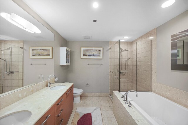 340 E Randolph St Unit 1304, Chicago, IL 60601 - full bathroom featuring a shower stall, a bath, toilet, baseboards, and double vanity