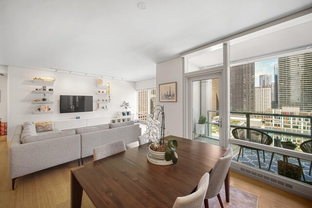 340 E Randolph St Unit 1304, Chicago, IL 60601 - dining area featuring rail lighting, wood finished floors, and floor to ceiling windows
