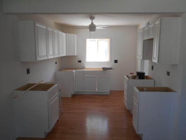 22521 Richton Square Rd, Richton Park, IL 60471 - kitchen with light wood-type flooring, a ceiling fan, and white cabinetry