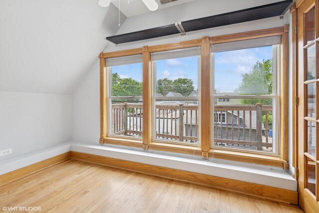 4308 N Whipple St, Chicago, IL 60618 - additional living space featuring lofted ceiling, baseboards, wood finished floors, and a ceiling fan