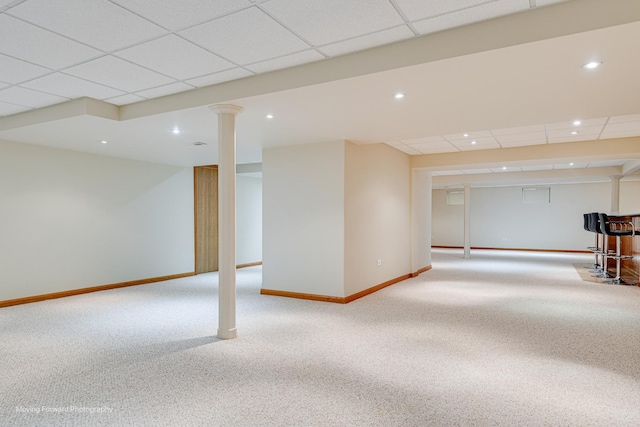 608 W N St, Peotone, IL 60468 - finished basement featuring a drop ceiling, carpet, baseboards, and recessed lighting