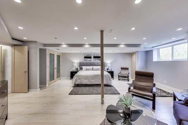 870 Woodbine Rd, Highland Park, IL 60035 - bedroom with baseboards, recessed lighting, light wood-style flooring, and french doors