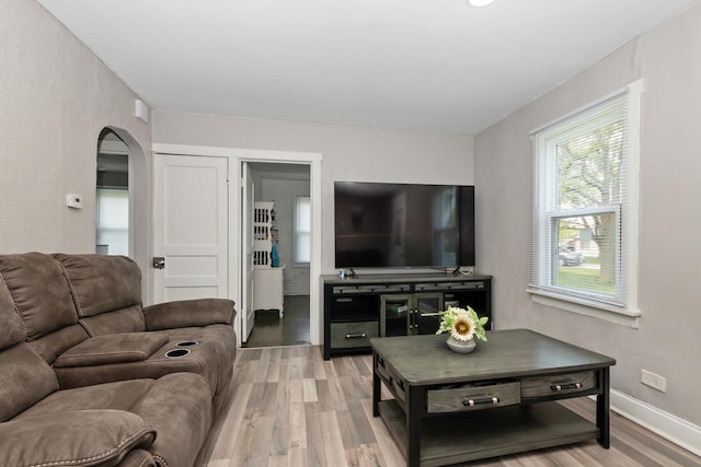3737 Rose Manor Ter, Markham, IL 60428 - living room with arched walkways, light wood-style flooring, and baseboards