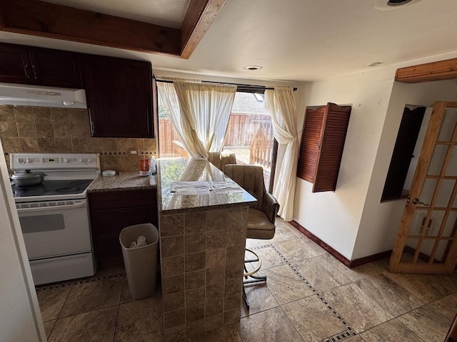 2177 N Merrimac Ave, Chicago, IL 60639 - kitchen featuring white electric range, under cabinet range hood, baseboards, backsplash, and dark brown cabinetry