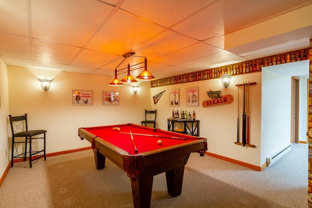 215 Hilltop Ln, Sleepy Hollow, IL 60118 - playroom featuring a drop ceiling, carpet floors, a baseboard radiator, billiards, and baseboards