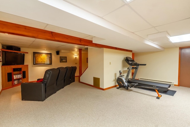 215 Hilltop Ln, Sleepy Hollow, IL 60118 - exercise area featuring a baseboard heating unit, a drop ceiling, carpet, and baseboards