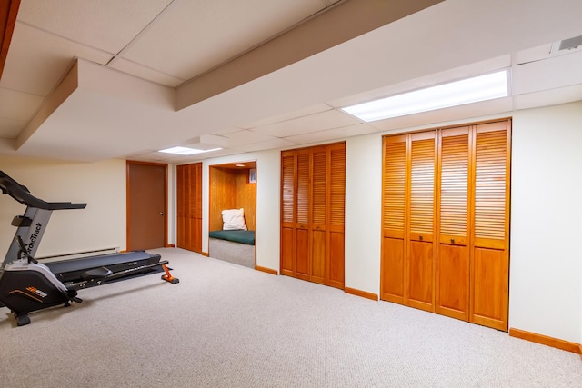 215 Hilltop Ln, Sleepy Hollow, IL 60118 - workout room featuring carpet flooring, baseboards, a drop ceiling, and a baseboard radiator
