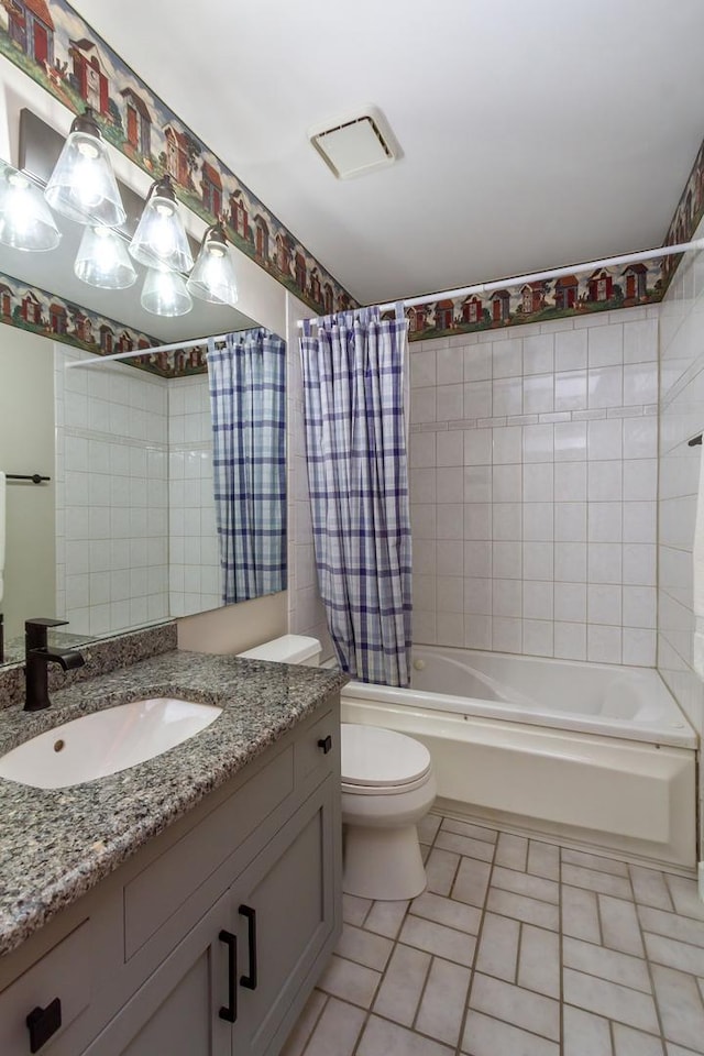 215 Hilltop Ln, Sleepy Hollow, IL 60118 - bathroom with vanity, toilet, shower / bath combo with shower curtain, and tile patterned floors