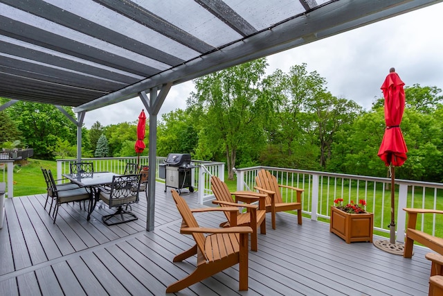 215 Hilltop Ln, Sleepy Hollow, IL 60118 - wooden terrace with outdoor dining area, a lawn, area for grilling, and view of wooded area