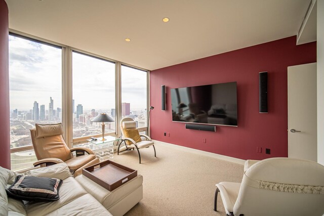 340 E Randolph St Unit 4703, Chicago, IL 60601 - carpeted living area with a view of city, a wall of windows, and baseboards