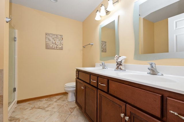 9403 Saratoga Ct, Hickory Hills, IL 60457 - full bathroom featuring double vanity, toilet, baseboards, a shower with shower door, and tile patterned flooring