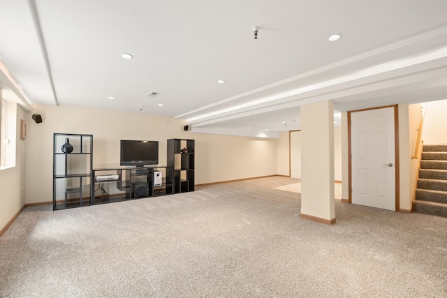 9403 Saratoga Ct, Hickory Hills, IL 60457 - finished below grade area with carpet flooring, baseboards, stairway, and recessed lighting