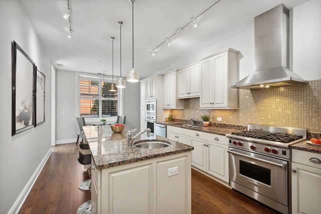 30 W Erie St Unit 402, Chicago, IL 60654 - kitchen with stainless steel appliances, wall chimney exhaust hood, a sink, track lighting, and an island with sink