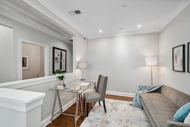 30 W Erie St Unit 402, Chicago, IL 60654 - office area featuring wood finished floors, crown molding, recessed lighting, and baseboards