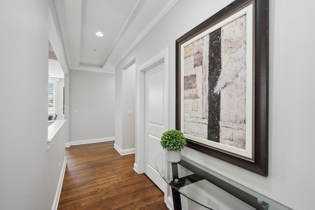 30 W Erie St Unit 402, Chicago, IL 60654 - corridor featuring dark wood-style flooring, baseboards, crown molding, and recessed lighting
