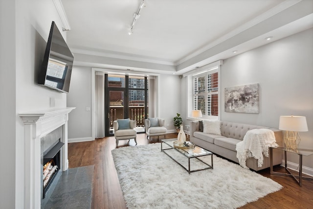 30 W Erie St Unit 402, Chicago, IL 60654 - living area with a high end fireplace, dark wood-style flooring, baseboards, ornamental molding, and track lighting