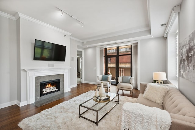 30 W Erie St Unit 402, Chicago, IL 60654 - living area featuring wood finished floors, a premium fireplace, crown molding, rail lighting, and baseboards