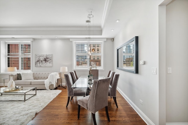 30 W Erie St Unit 402, Chicago, IL 60654 - dining area with dark wood-type flooring, baseboards, crown molding, and recessed lighting