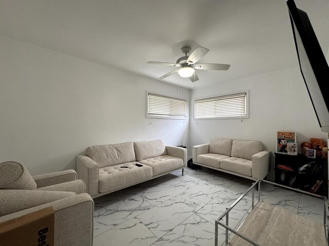 14812 S Wabash Ave, Dolton, IL 60419 - living room featuring marble finish floors and ceiling fan