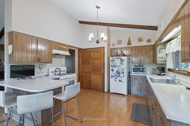 6542 S Ridge Rd, Willowbrook, IL 60527 - kitchen with white appliances, under cabinet range hood, a sink, a peninsula, and tasteful backsplash