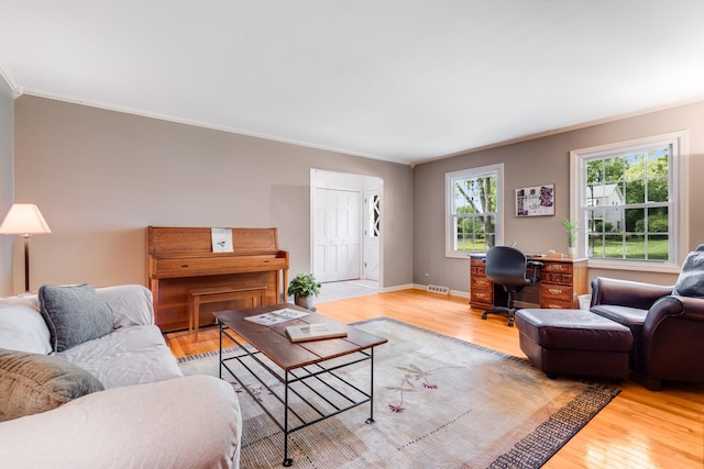25W303 Gunston Ave, Naperville, IL 60540 - living room featuring ornamental molding, light wood-type flooring, an office area, and baseboards