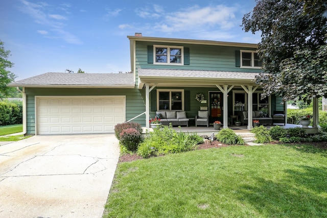 611 S 10th Ave, Saint Charles, IL 60174 - view of front of property with a porch, a garage, concrete driveway, a front yard, and a chimney